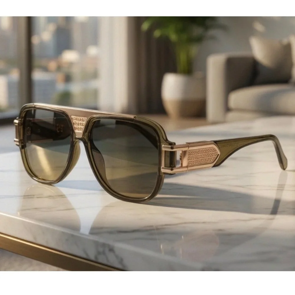 Mens Fashion Designer‎ Sunglasses Olive Green Gold Frame Gradient Lens Eyewear